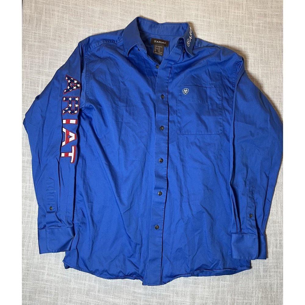 Ariat Shirt Mens M Blue Team Logo American Flag Button Down Twill Rodeo Cowboy